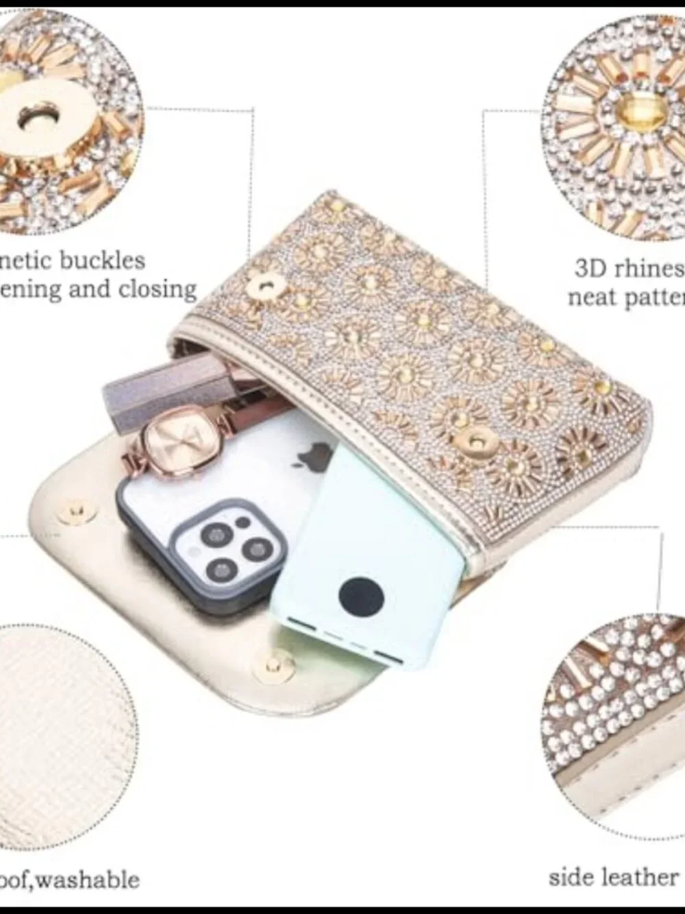 Rhinestone Evening Clutch Crossbody Bag with Chain Floral Purse Handbag